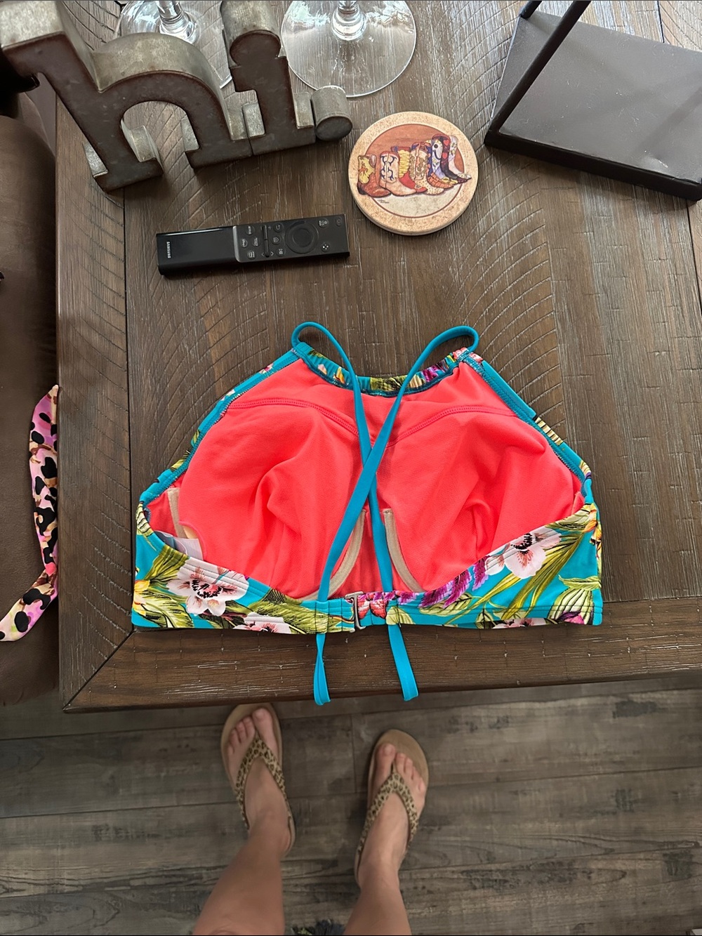 Coastal Blue Coral and Teal Tropical Bikini Top - Picture 2 of 3